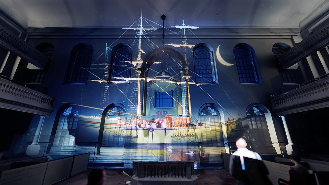 Scale projection of an old boat on the wall of the inside of a building